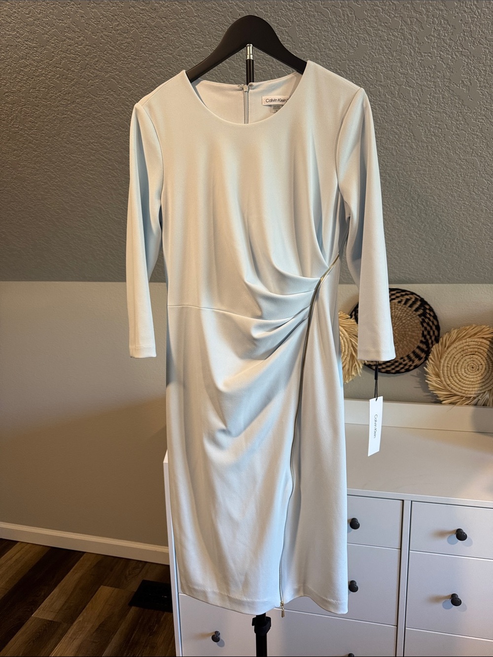 Calvin Klein Pale Blue Long Sleeve Draped Sheath Dress